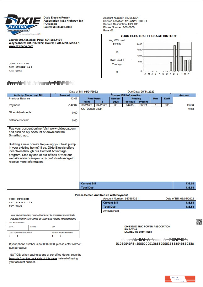 USA Mississippi Dixie Electric utility bill template in Word and PDF format